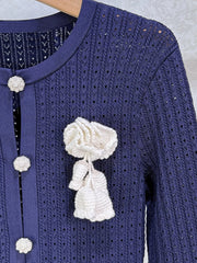 Knit Flower Appliqué Long Sleeve Mini Dress