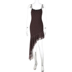 Polka Dot Lace Trim Asymmetric Ruffle Hem Mini Dress
