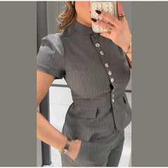 Short Sleeve Pinstripe Fitted Blazer and Wide Leg Pants Two-Piece Set