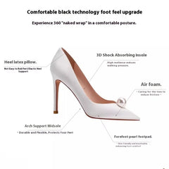 White high-heeled shoe with technical features highlighted on a white background