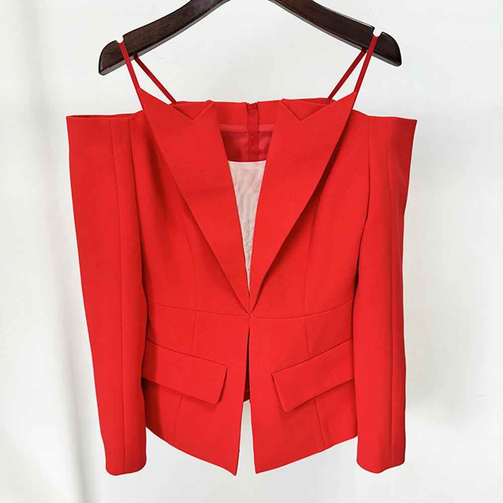 Red blazer on a hanger against a white background