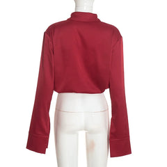 Satin Front Hollow Out Draped Long Sleeve Shirt