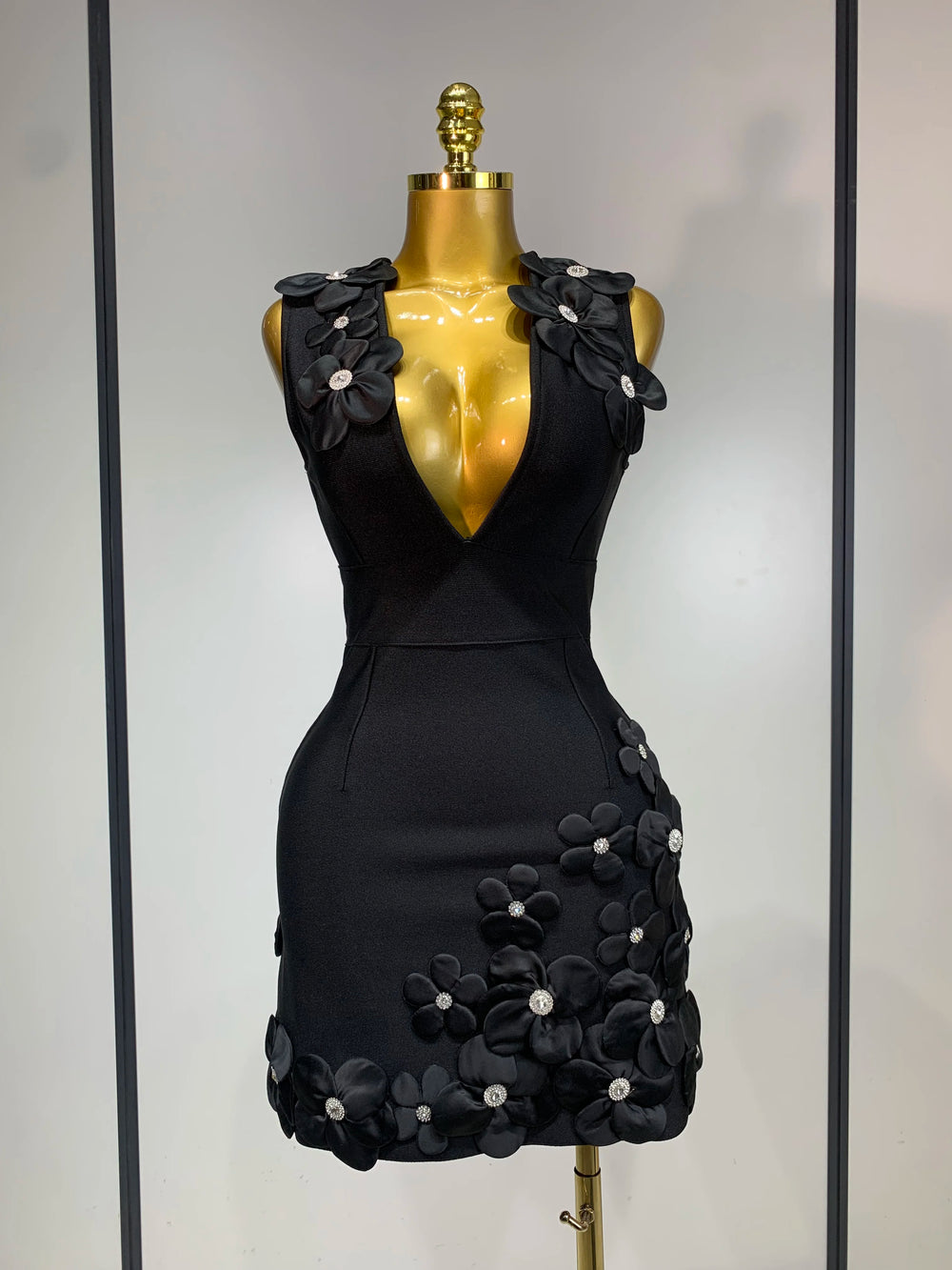 Black crystal flower v-neck sleeveless gown with darker embellishments