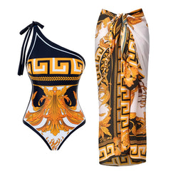 One-piece swimsuit with Greek key medallion print and coordinating sarong.