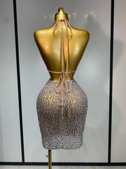 V-Neck Sleeveless Crystal Embellished Bodycon Mini Dress Back View