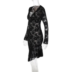 Black Lace V-Neck Long Sleeve Midi Dress