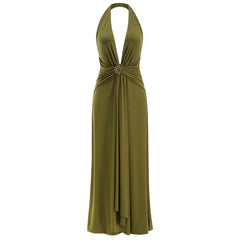 Green Satin Halter Neck Draped Gown