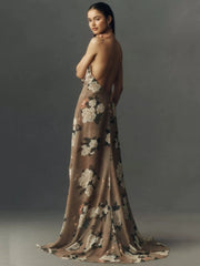 Brown Floral Print Halter Neck Split Maxi Dress
