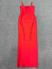 Red dress with a unique design on a gray background
