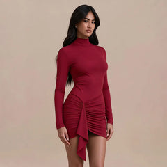 Long Sleeve Turtleneck Ruched Detail Mini Dress