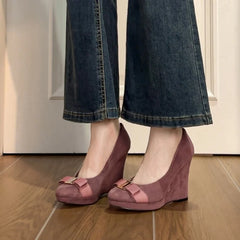 Pu Bow Platform Wedge Pumps