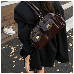 Microfiber Leather Vintage Pocket Satchel – Black & Burgundy