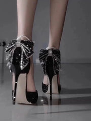 Sequin Bow Pointed Heels | Elegant French Pearl-Lined Slip-Ons