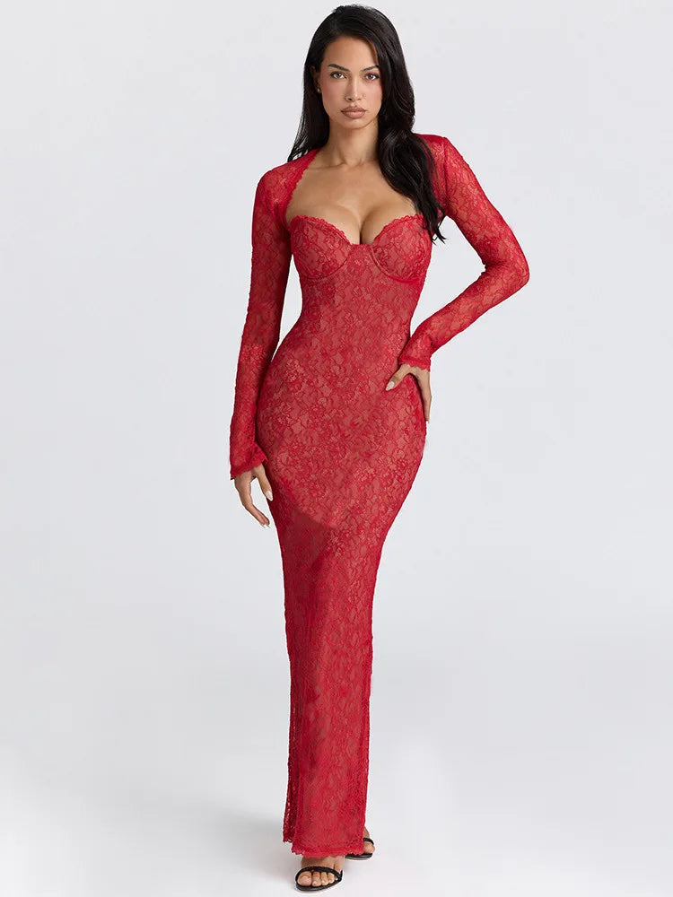 Slim lace maxi dress with removable sheer sleeves