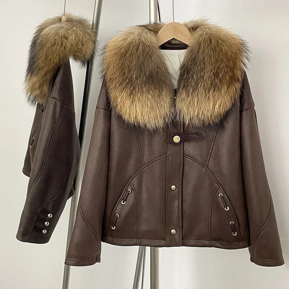 Brown leather jacket with fur collar on a hanger against a white background