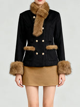 Black Short Coat With Brown Fur Trim And Short Scarf, And Brown Mini Skirt Set