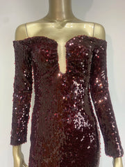Burgundy Off Shoulder Mesh Sequin Maxi Gown