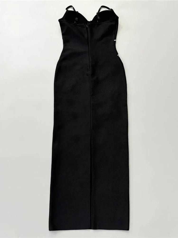 Black strapless dress on a white background