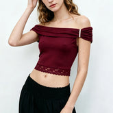 Burgundy off shoulder ruched sleeve lace trim cropped top