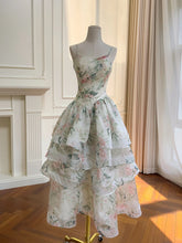 Floral print ruched bodice tiered skirt midi dress front view