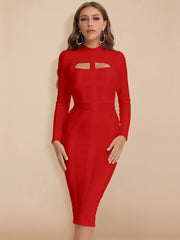 Red dress with cut-out design on a beige background