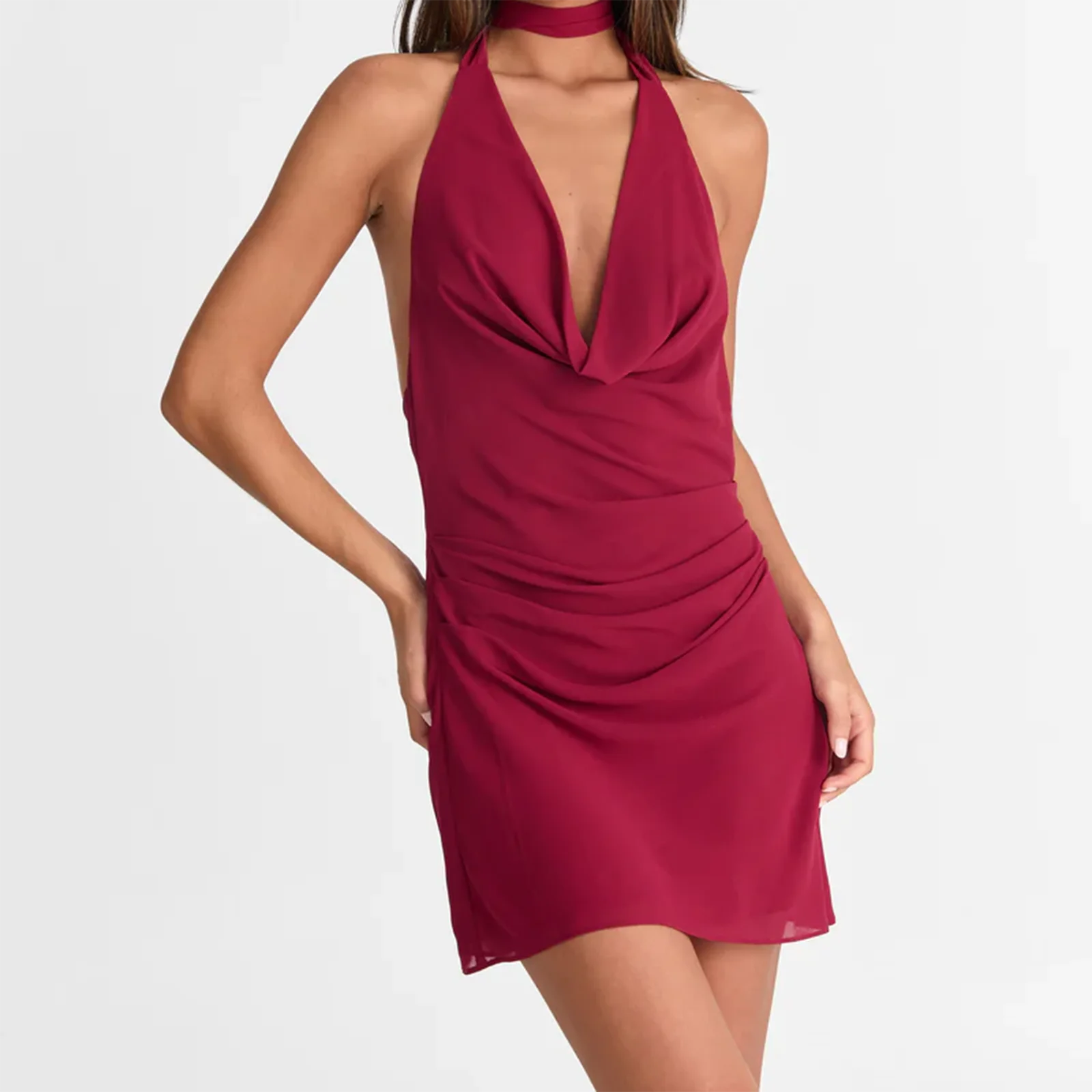 Red halter neck dress on a white background