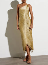 Gold fringe one-shoulder midi dress with draped silhouette