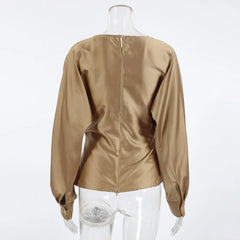 Gold Satin Round Neck Long Sleeve Bandage Design Blouse