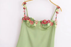 Floral Embroidered Satin Slip Dress with Spaghetti Straps