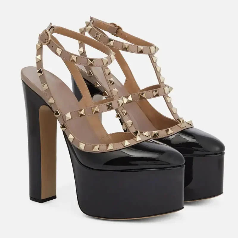 High-heeled platform shoes with studded design