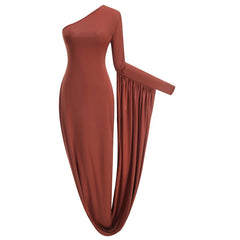 Brown one-shoulder dress on a white background