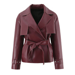 Belted Lapel Collar Faux Leather Jacket