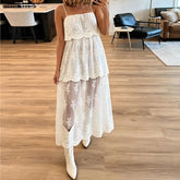 Sheer mesh midi dress with floral lace overlay and spaghetti straps