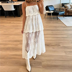 Sheer mesh midi dress with floral lace overlay and spaghetti straps
