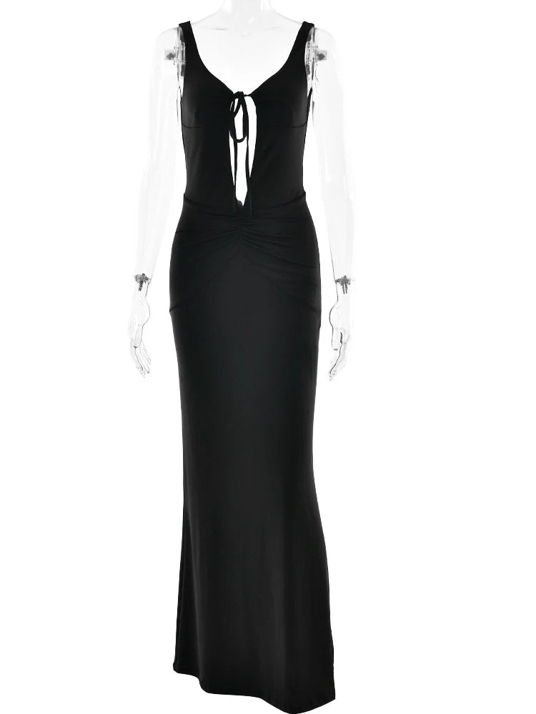Black evening gown with lace details on a white background