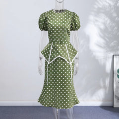 Polka Dot Puff Sleeve Peplum Dress