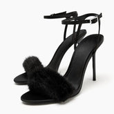Black faux fur strap stiletto heel sandal