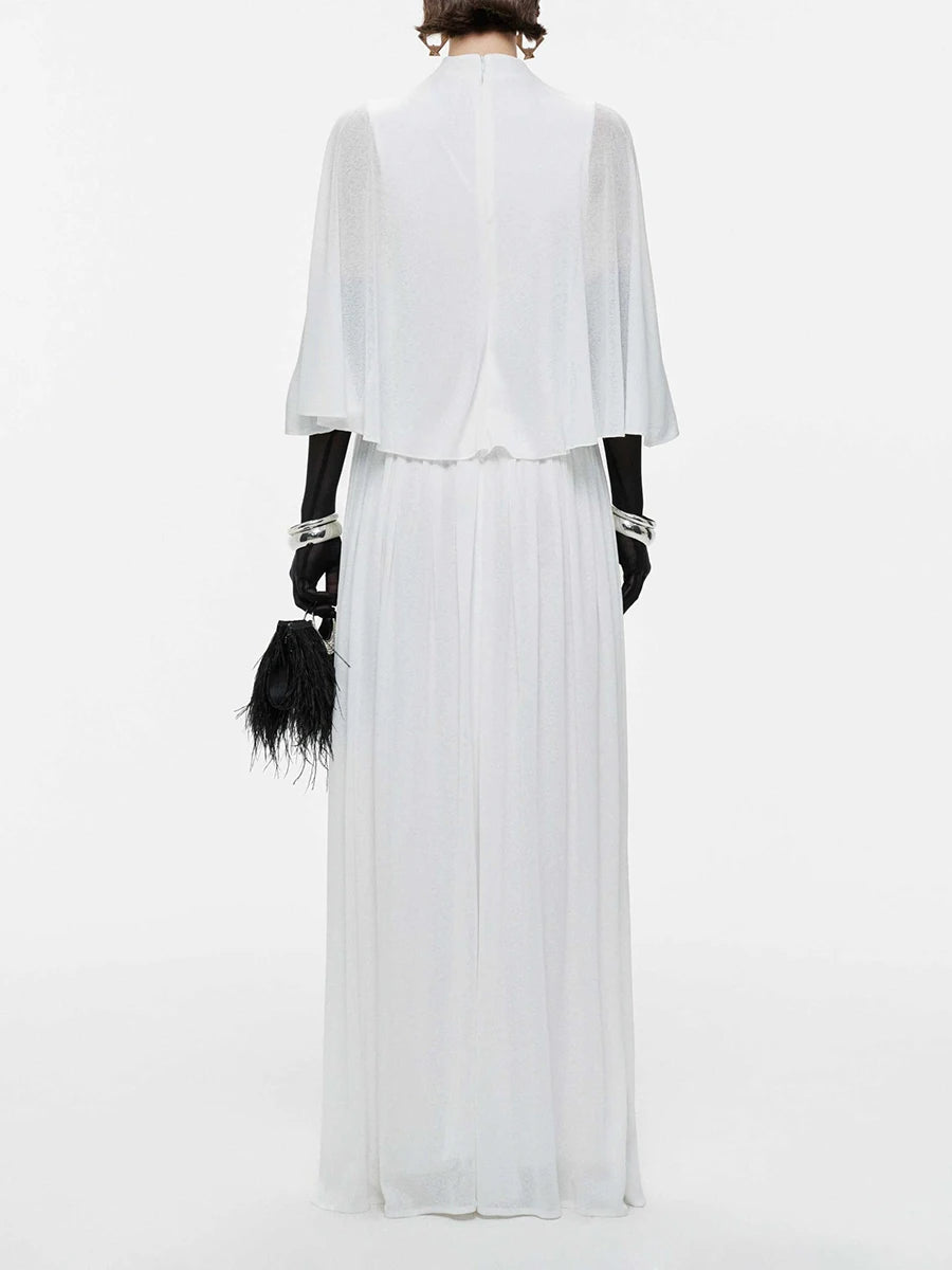 Back view of white chiffon maxi dress with cape sleeves