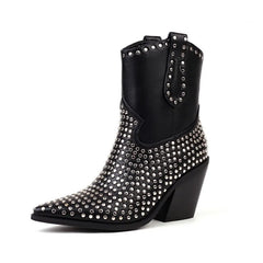 Studded Pointed Toe Block Heel Ankle Boots
