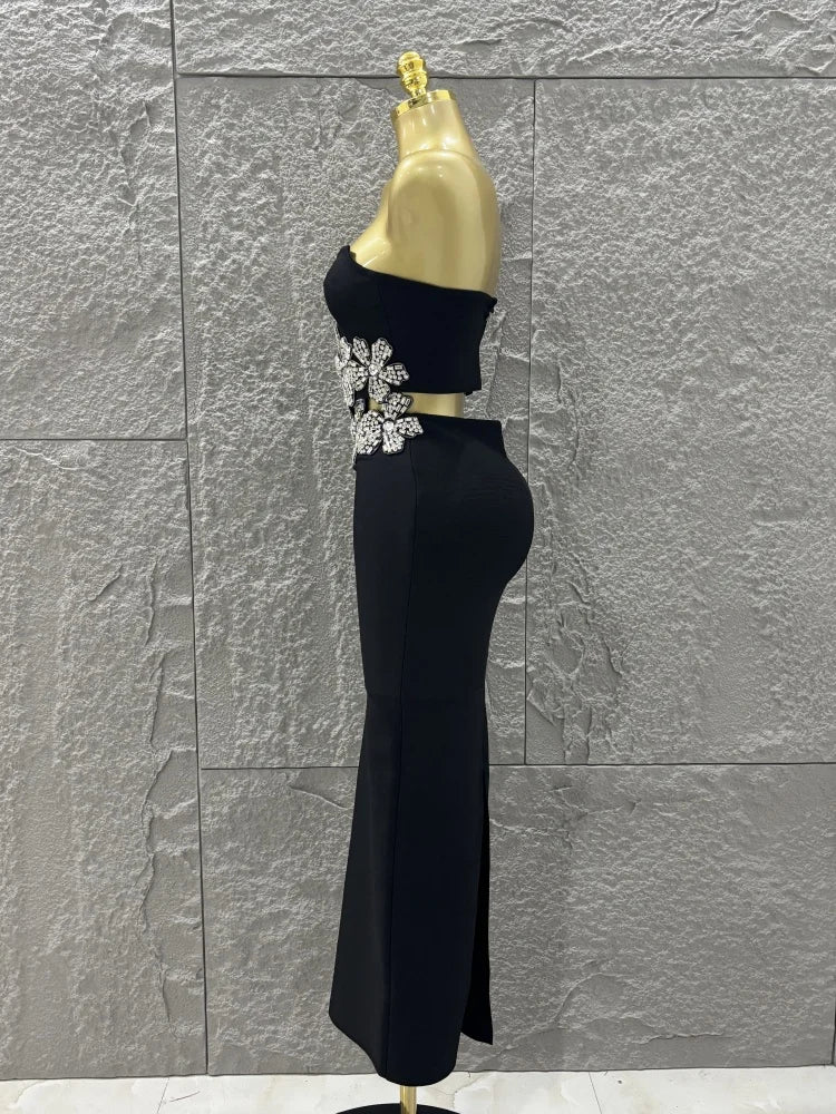 Black diamond flower two-piece bodycon long dress.