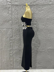 Black diamond flower two-piece bodycon long dress.