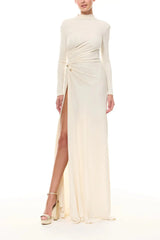 Long sleeve high split maxi dress with draped bodice