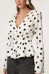 White Polka Dot Long Sleeve Button Satin Top