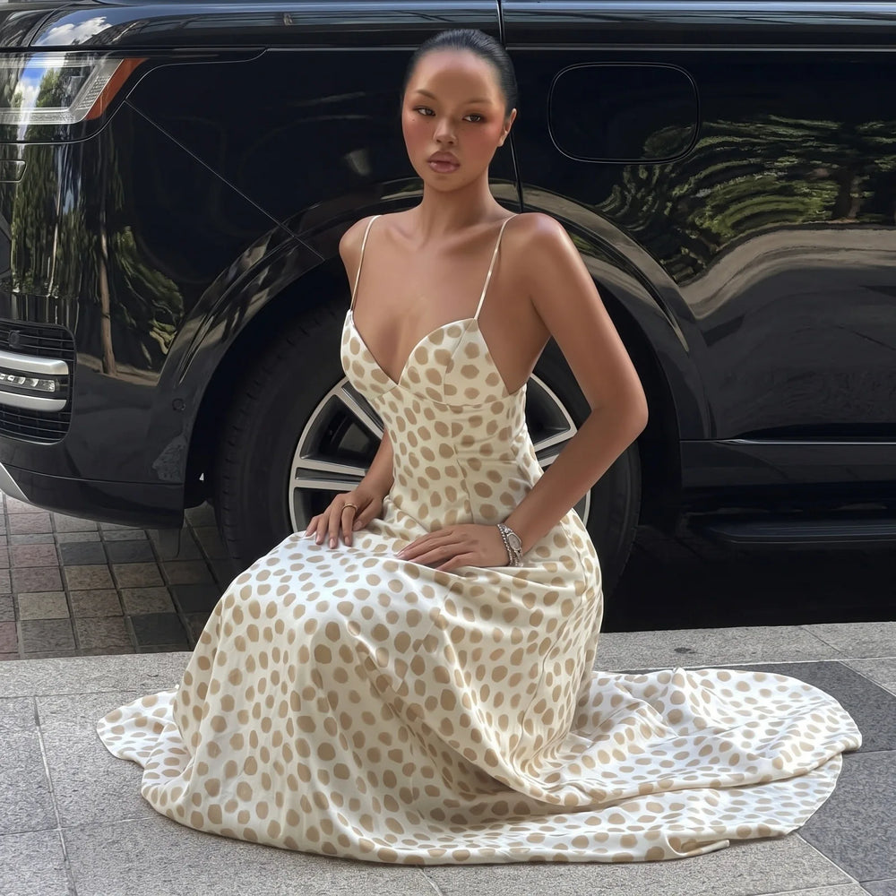 Polka dot maxi dress with spaghetti straps.