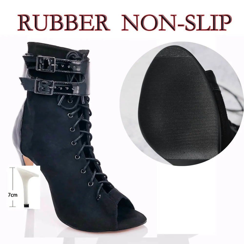 Black high-heeled boot with rubber non-slip sole on a white background