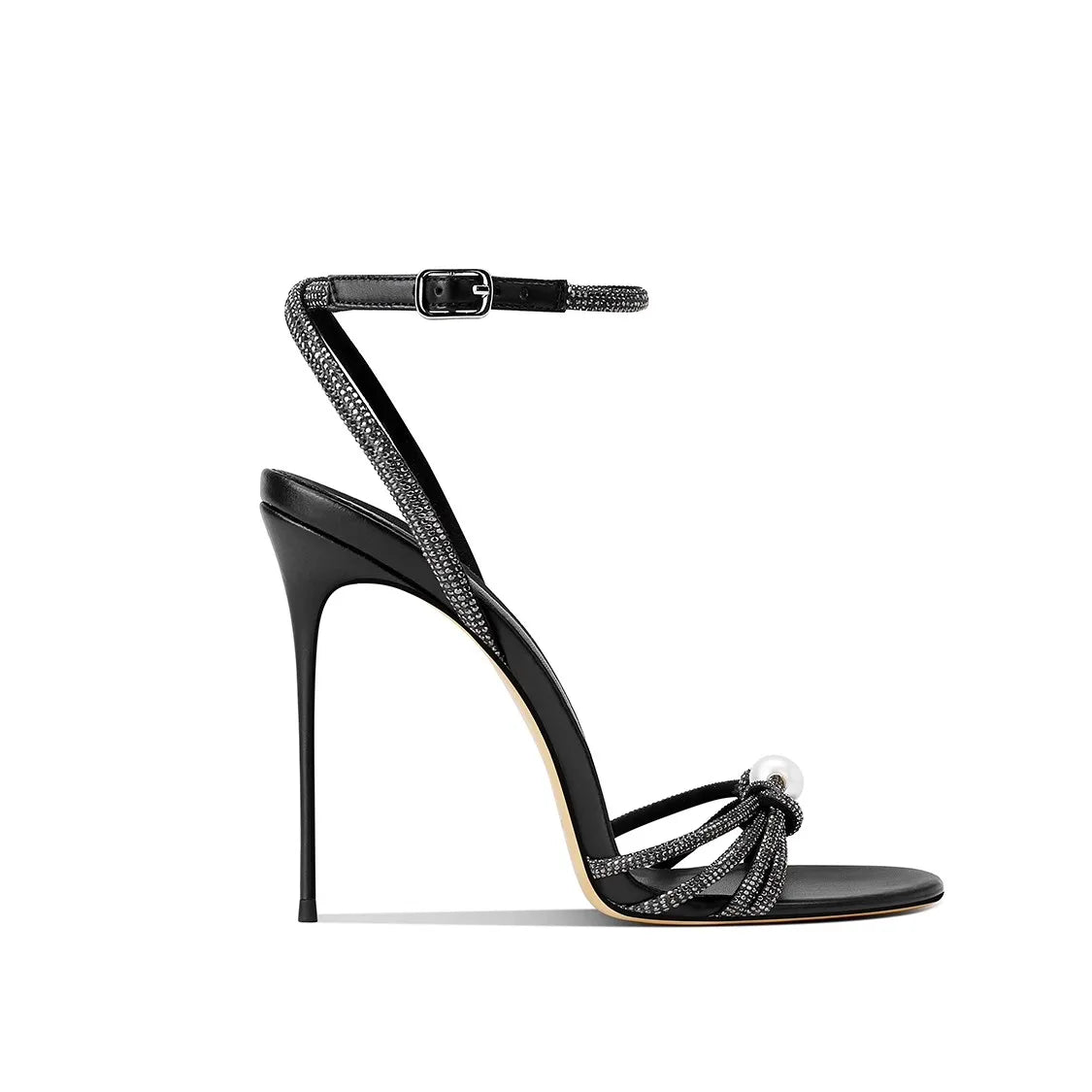 Black high-heeled sandal with thin strap on a white background
