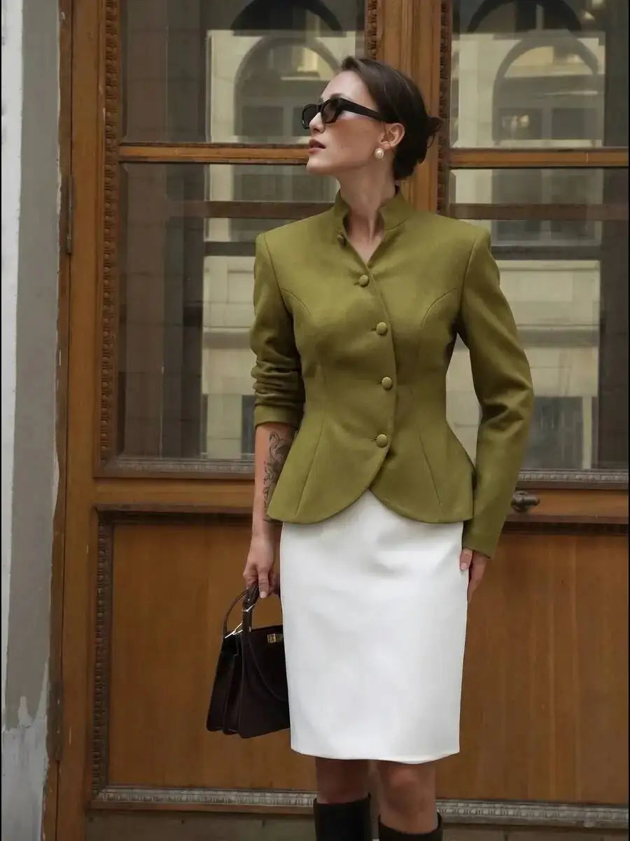 Stand collar peplum hem blazer