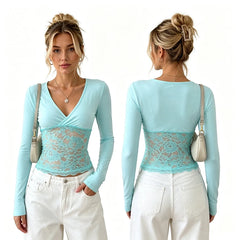 Lace Patchwork V-Neck Fitted Top
