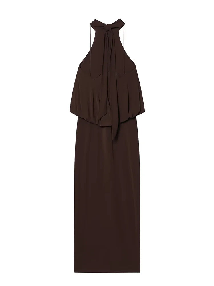 Brown halter neck dress on a white background