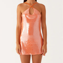 Halter Neck Sequin Cutout Mini Dress